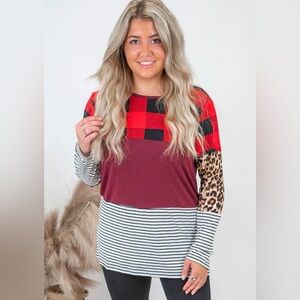 Zenana Women's Buffalo Plaid Colorblock  Animal Print Top